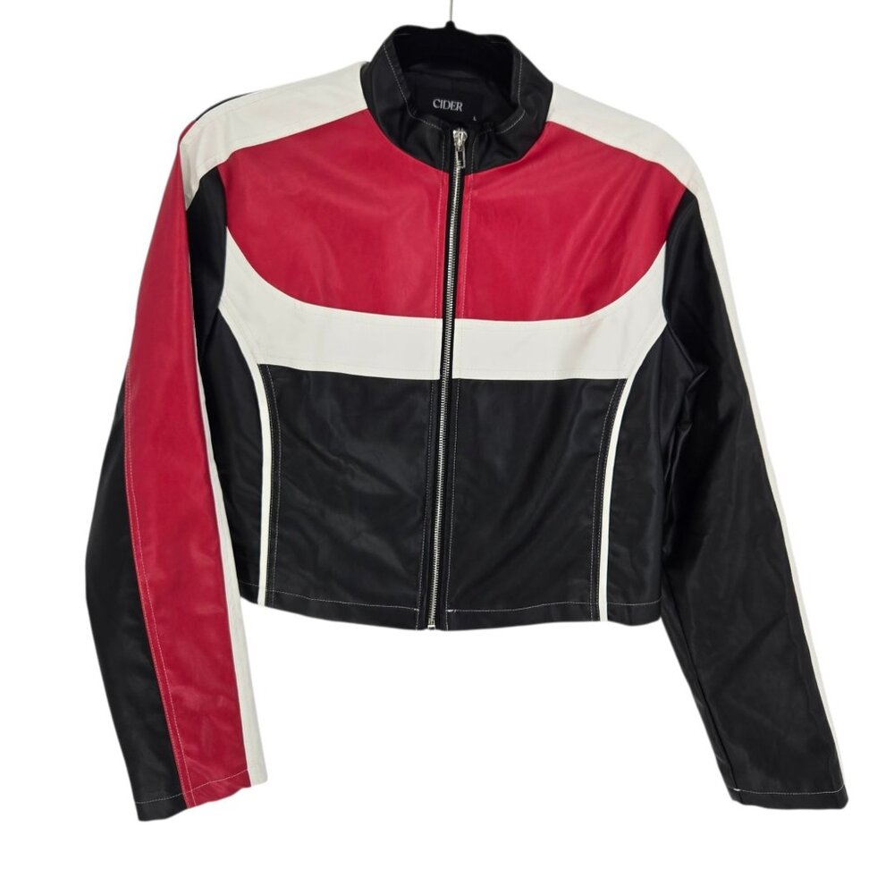 Cider womens size large full zip red white black vegan leather moto jacket